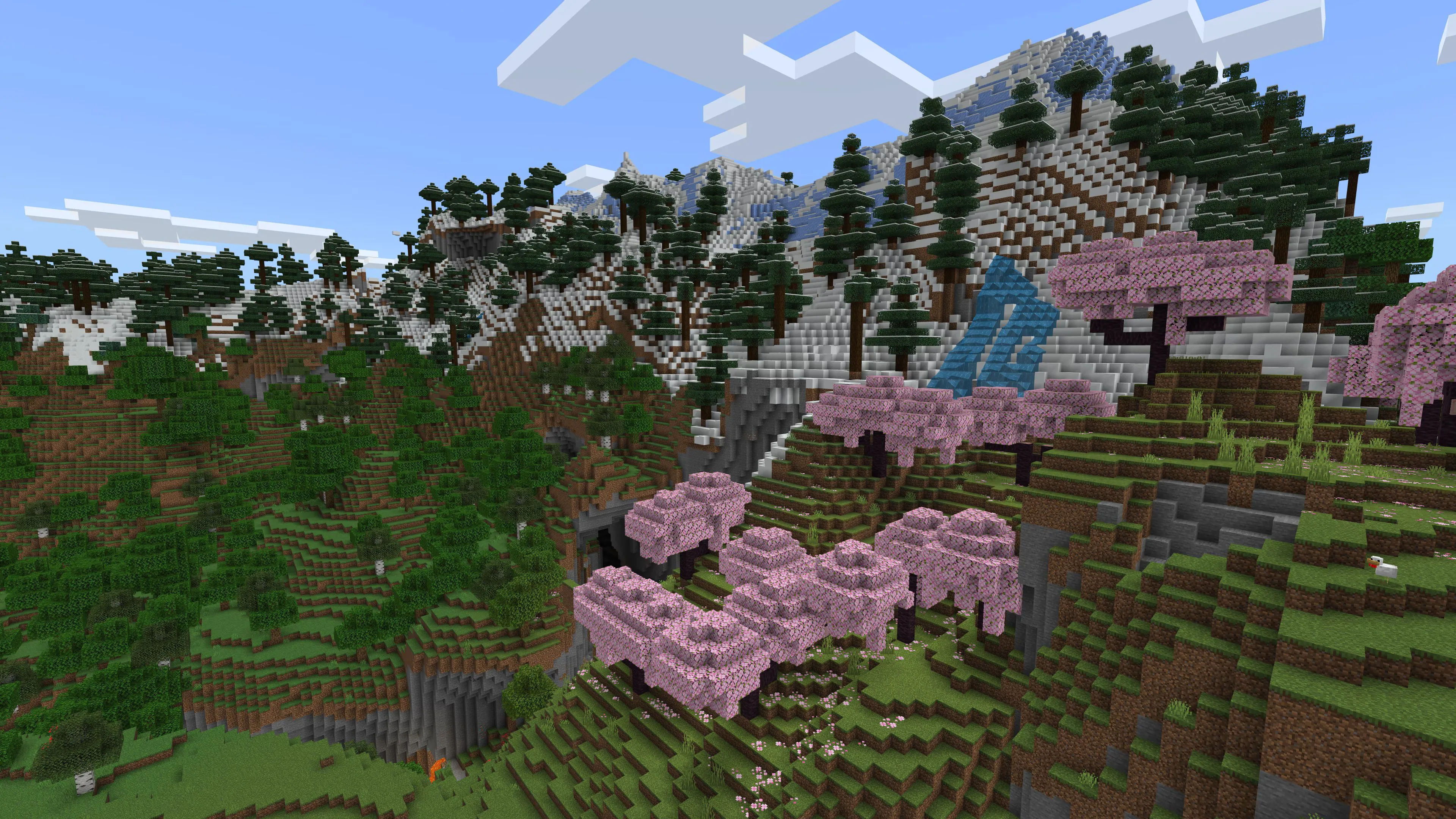 Ảnh chụp màn hình quảng cáo từ game Minecraft, hiển thị nhiều quần xã sinh vật khác nhau.