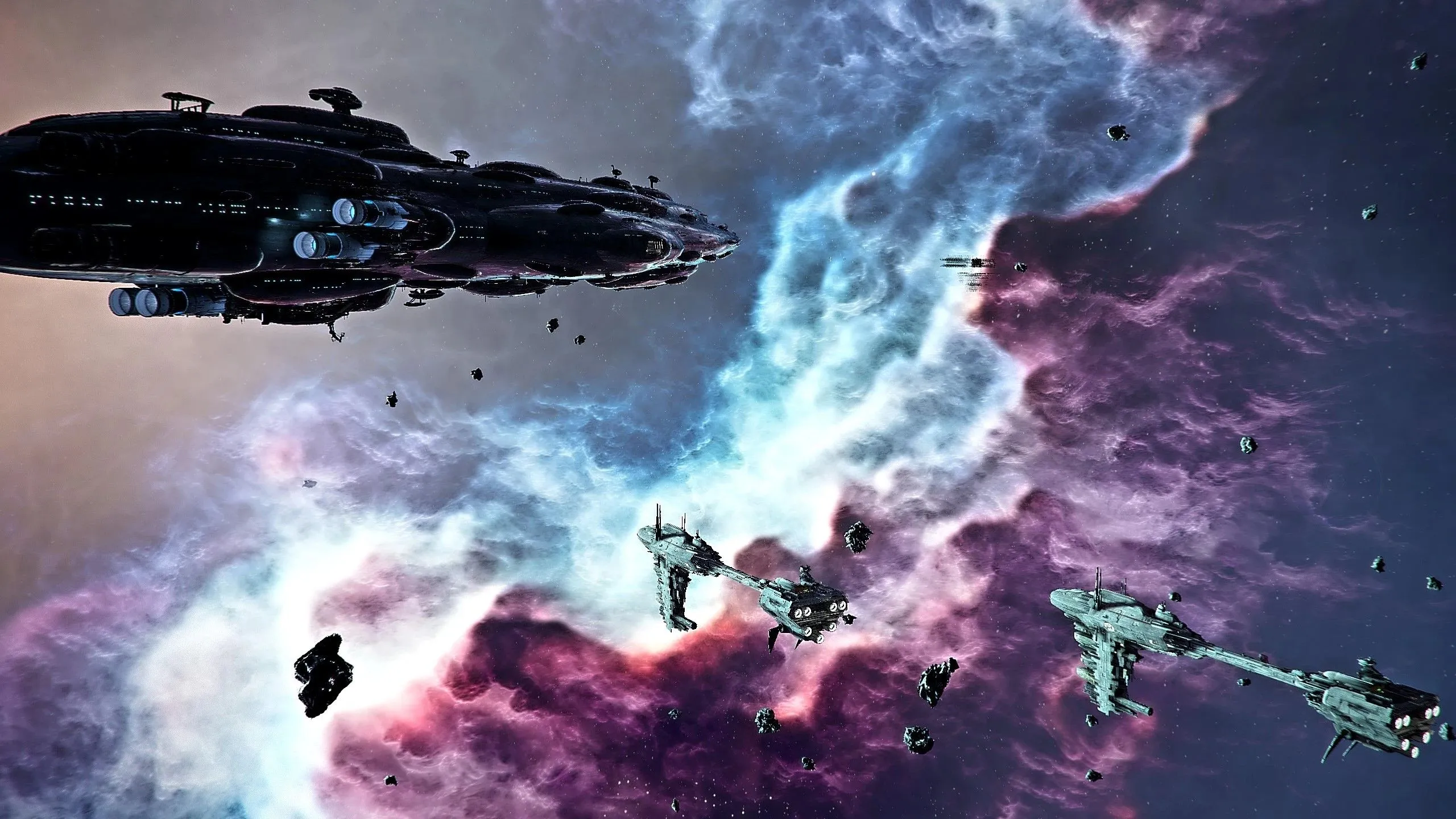 Ảnh chụp màn hình từ mod Star Wars: Interworlds của X4: Foundations, cho phép người chơi điều khiển Star Destroyer và khám phá không gian Star Wars.