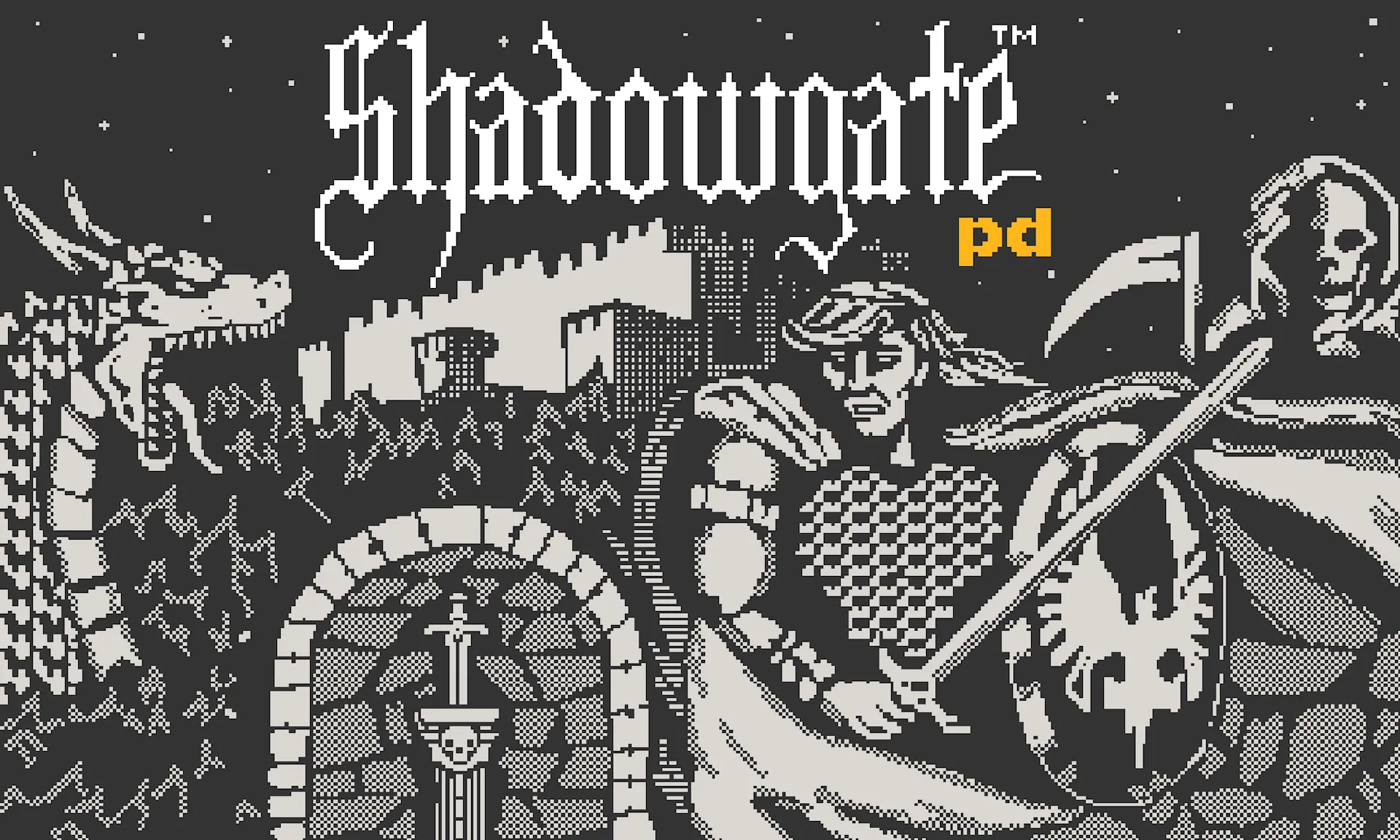 Ảnh minh họa game phiêu lưu Shadowgate PD cho Playdate, thể hiện không khí cổ điển