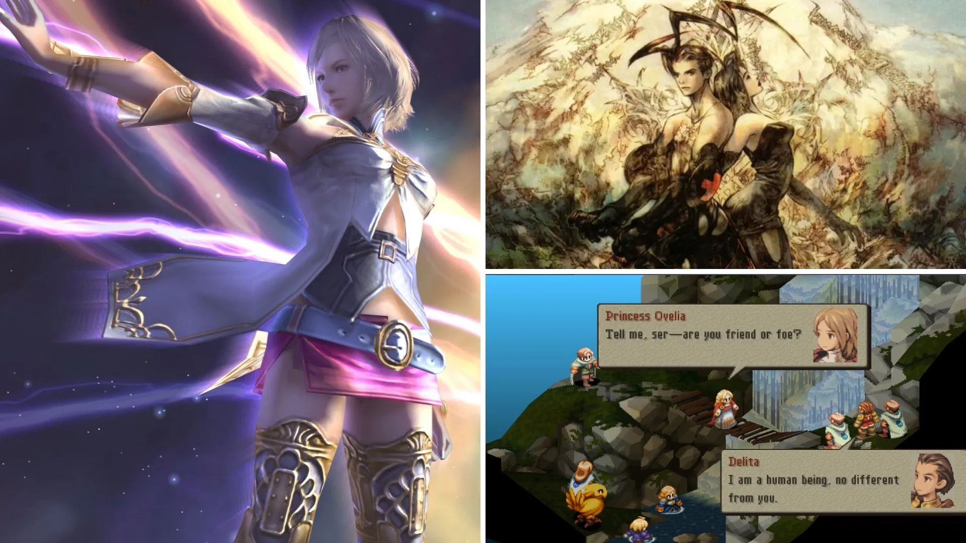 Ashe từ Final Fantasy XII đang phóng sét, cạnh bên là công chúa và Delita đang nói chuyện trong Final Fantasy Tactics, bên dưới là các nhân vật chính của Vagrant Story.