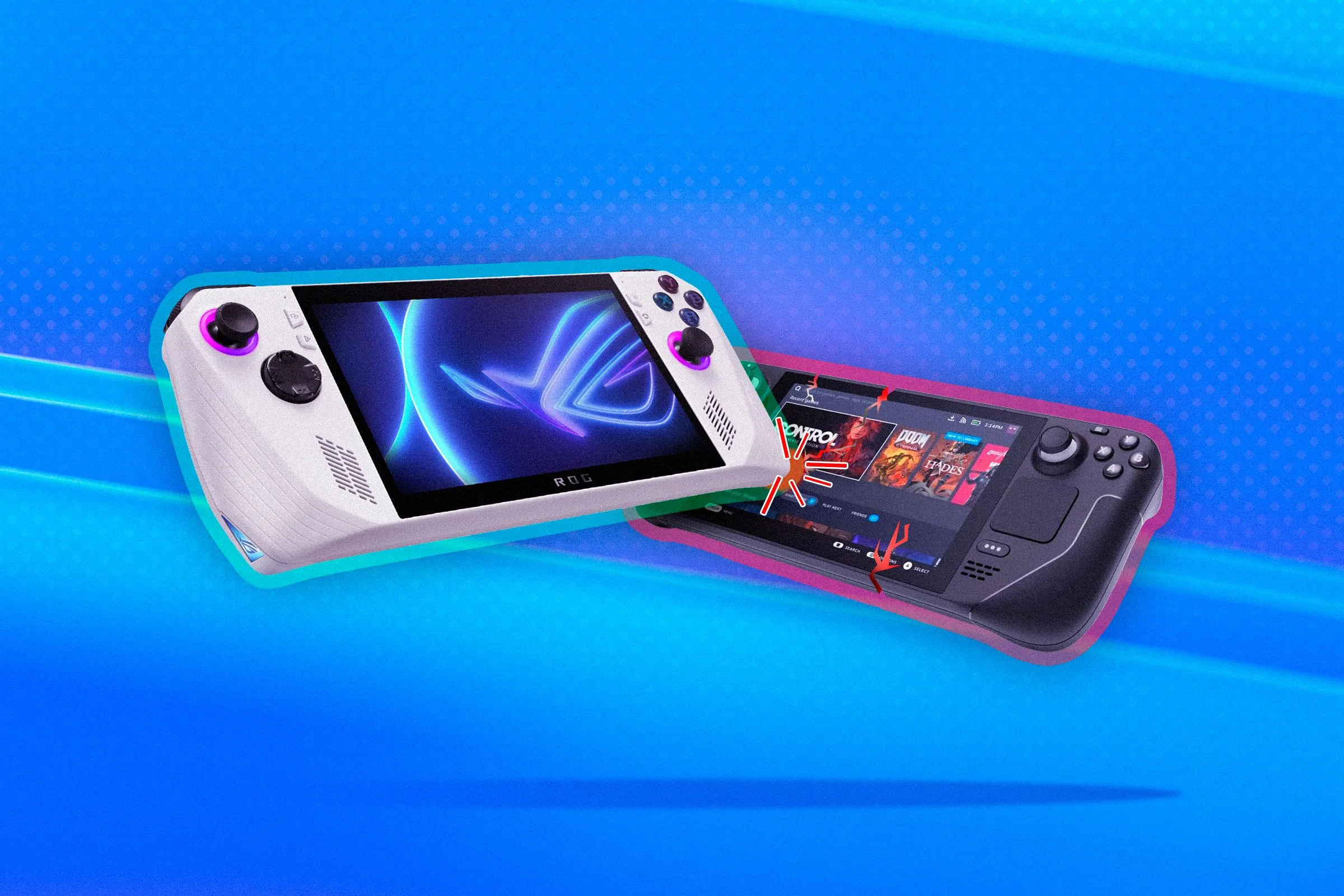 Asus ROG Ally và Valve Steam Deck đứng đối đầu, biểu tượng cho cuộc cạnh tranh trên thị trường PC handheld