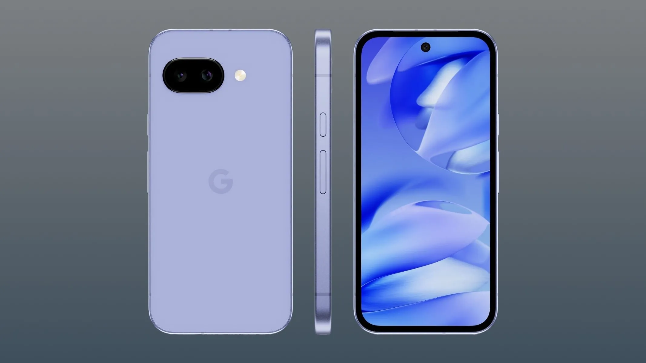 Ba chiếc điện thoại Google Pixel 9a với các góc nhìn khác nhau, minh họa màn hình, mặt lưng và cạnh bên của thiết bị.