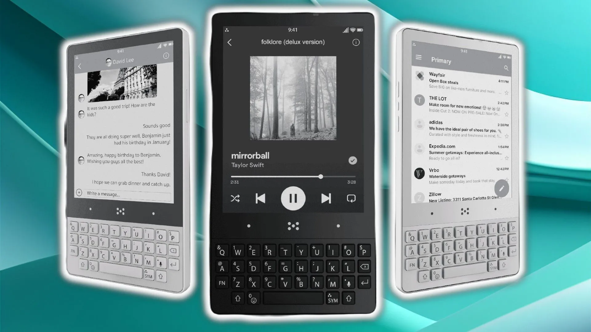 Ba chiếc điện thoại tối giản với màn hình E-Ink và bàn phím vật lý được đặt cạnh nhau trên nền xanh.