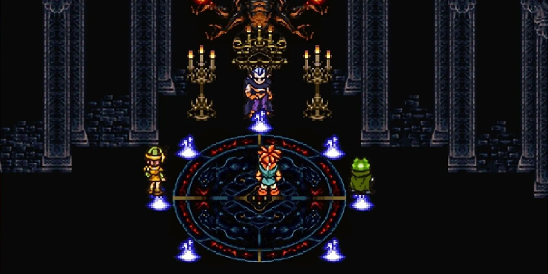 Ba nhân vật chính Crono, Frog và Lucca đối mặt với Magus trong lâu đài của hắn trong tựa game JRPG kinh điển Chrono Trigger