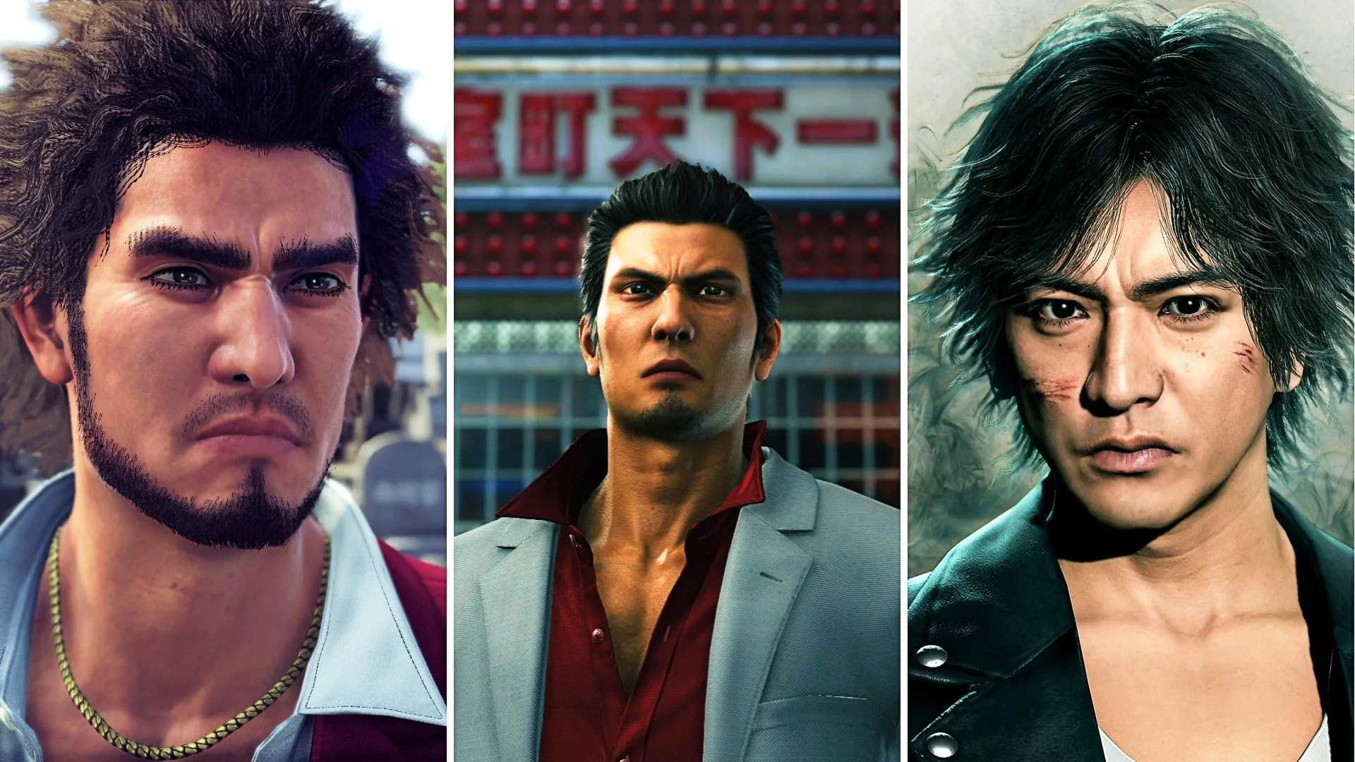 Ba nhân vật chính trong vũ trụ game của Ryu Ga Gotoku Studio: Ichiban Kasuga (Like A Dragon), Kazuma Kiryu (Yakuza), và Takayuki Yagami (Judgement).