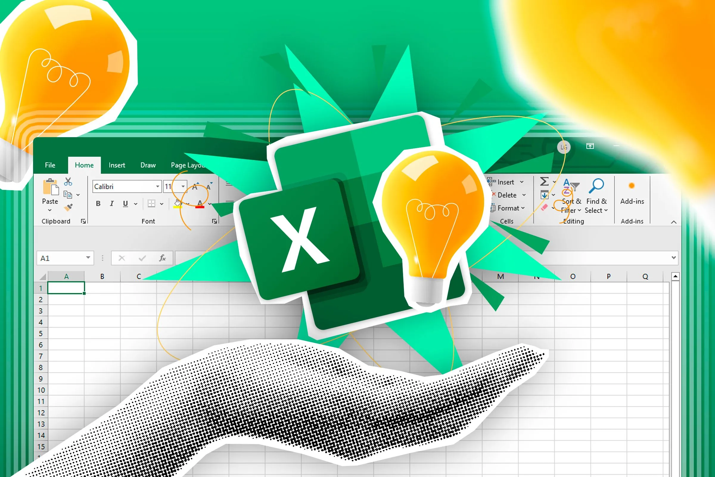 Bàn tay giữ biểu tượng Excel với bóng đèn ý tưởng, phía sau là bảng tính Excel minh họa các hàm CHOOSECOLS và CHOOSEROWS.