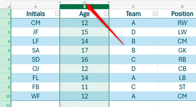 Bảng tính Excel for the web hiển thị biểu tượng sáu chấm kéo thả ở đầu cột B, giúp dễ dàng di chuyển cột