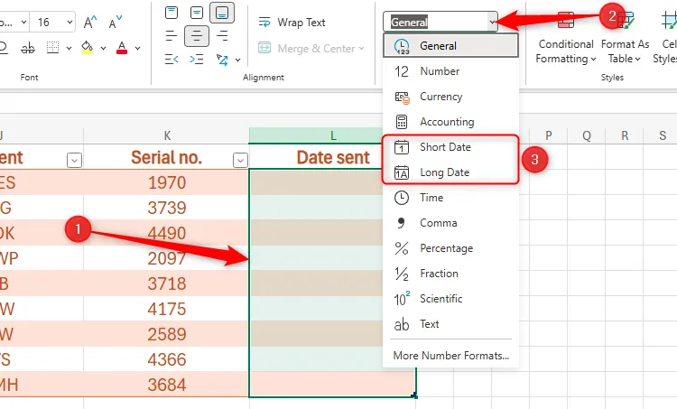 Bảng tính Excel for the web với các ô đã chọn hiển thị tùy chọn định dạng số Short Date và Long Date