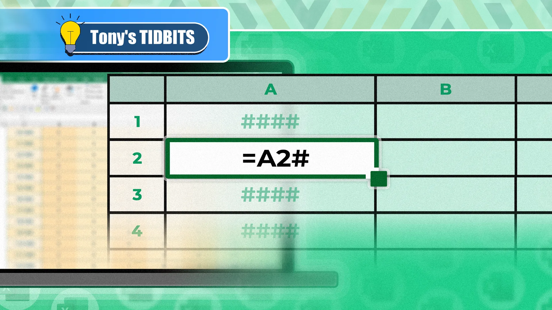 Bảng tính Excel với ô A2 được chọn, minh họa việc sử dụng dấu thăng (#) trong công thức Excel.