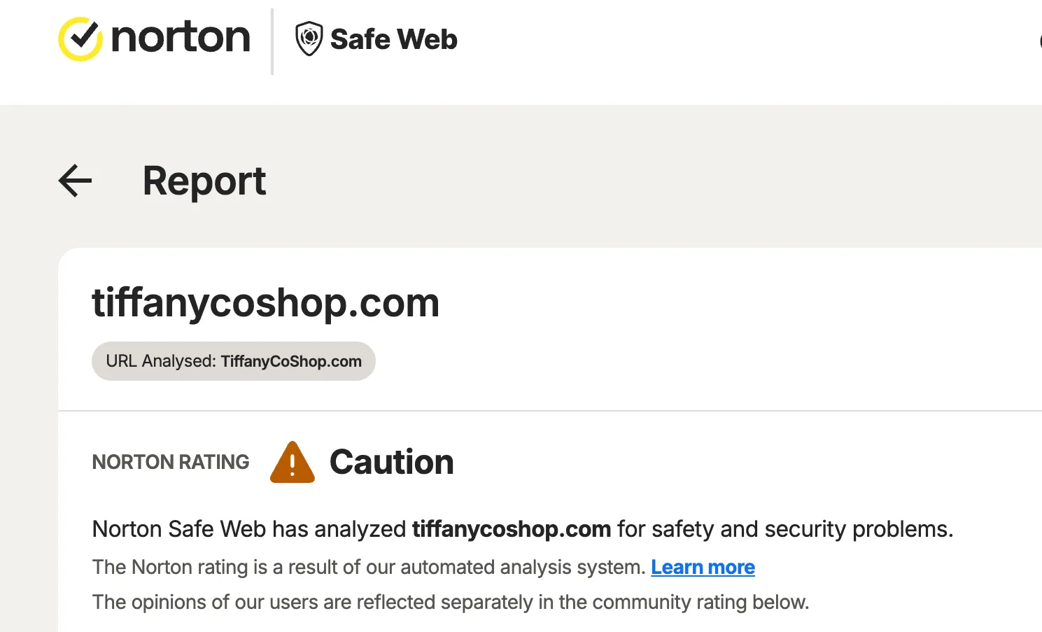 Báo cáo của Norton Safe Web về một website có khả năng lừa đảo