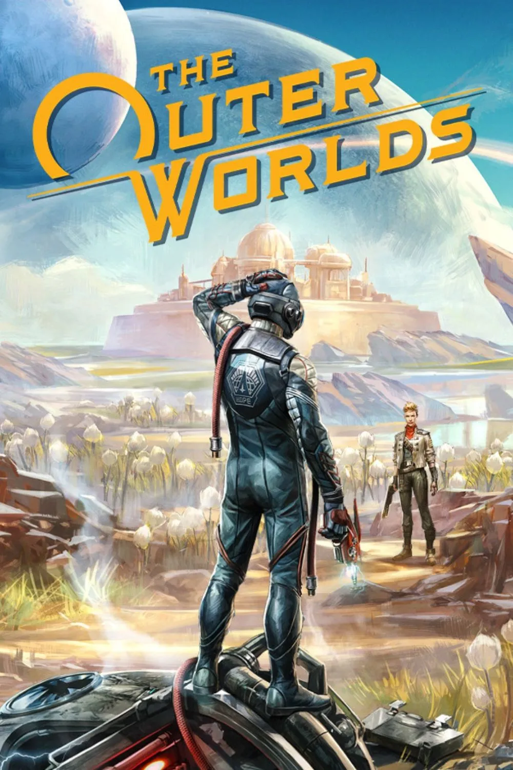 Bìa game The Outer Worlds, với nhân vật chính cùng các đồng đội đứng trước một con tàu vũ trụ, thể hiện phong cách sci-fi retro và phiêu lưu trong không gian.