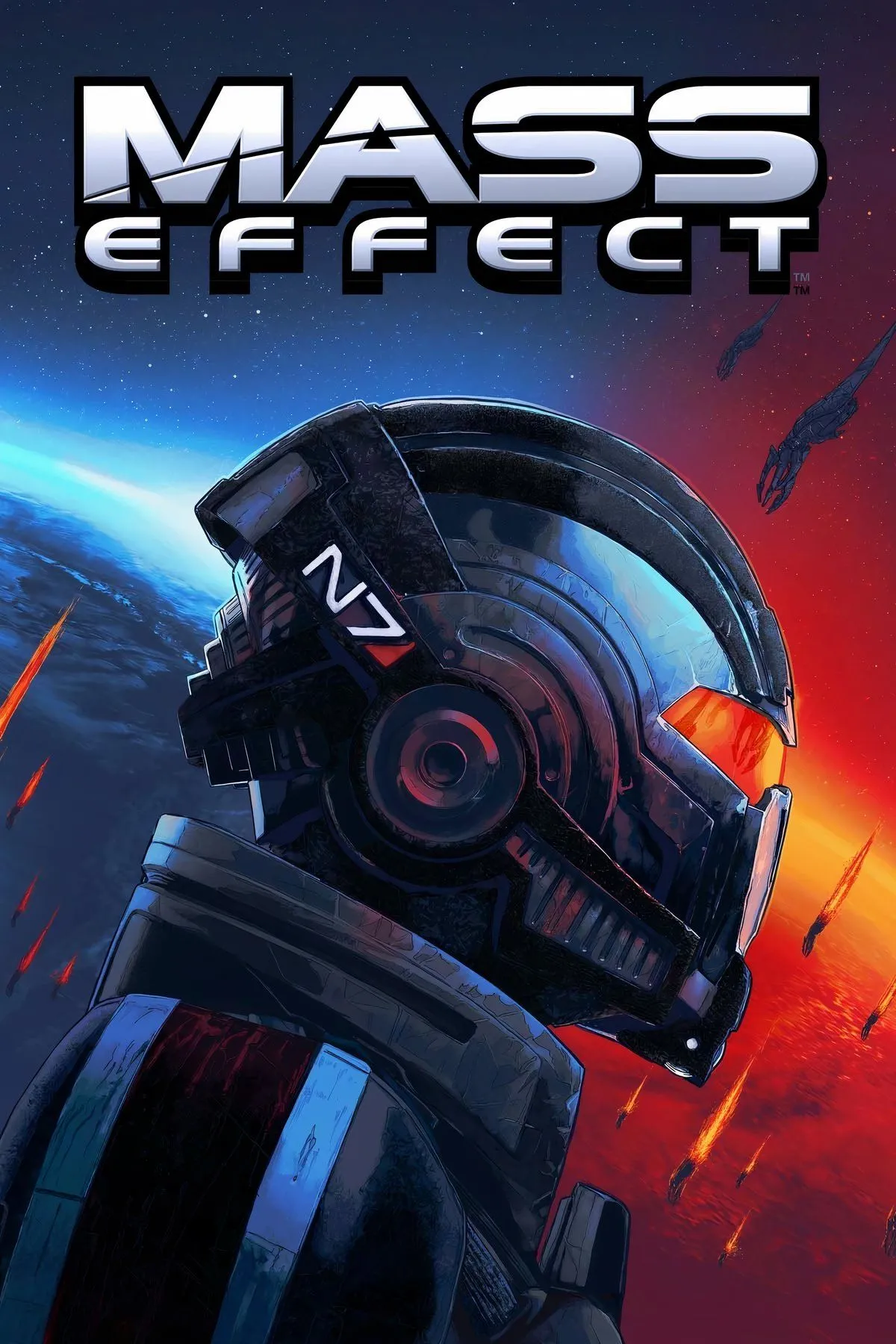 Bìa nghệ thuật game Mass Effect Trilogy, mô tả phi hành đoàn và tàu vũ trụ Normandy trong bối cảnh không gian rộng lớn, với các nhân vật chính như Commander Shepard và đồng đội.