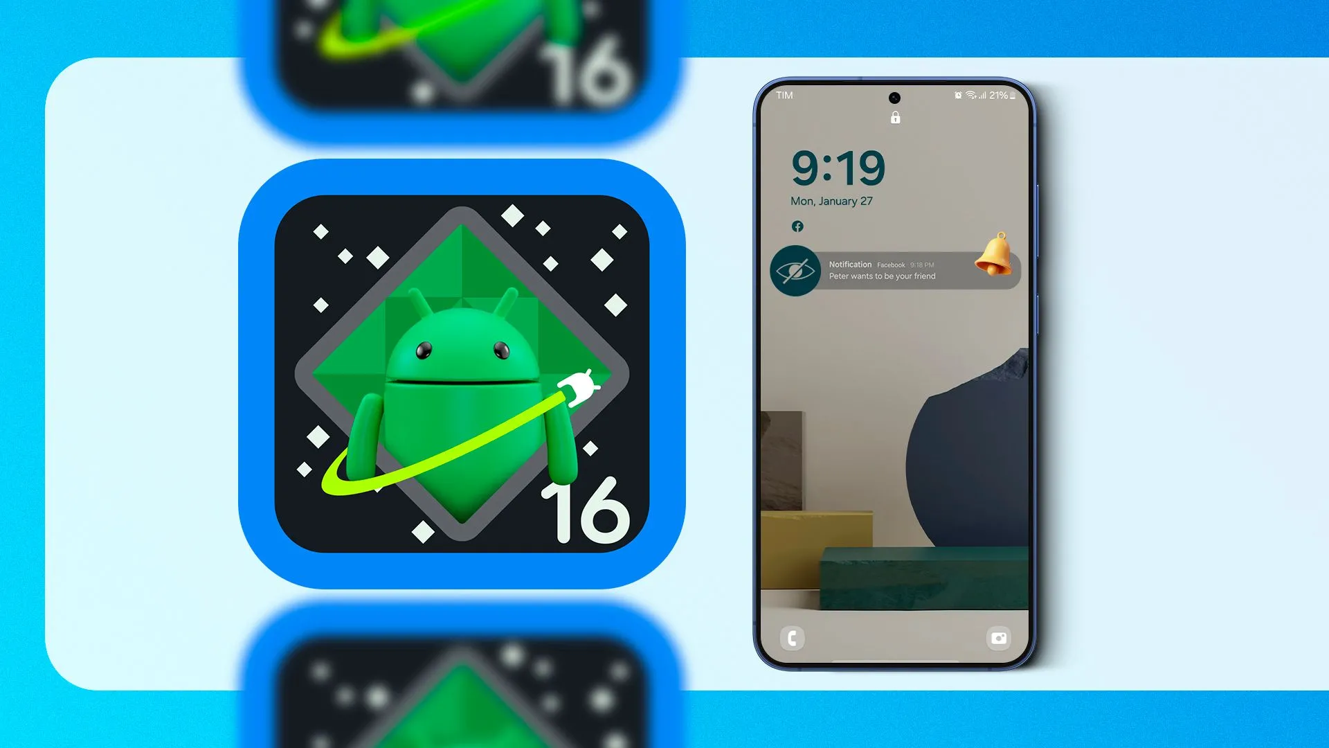 Biểu tượng Android 16 cùng linh vật và một chiếc smartphone, minh họa cho tầm quan trọng của cập nhật phần mềm và tuổi thọ thiết bị dài.
