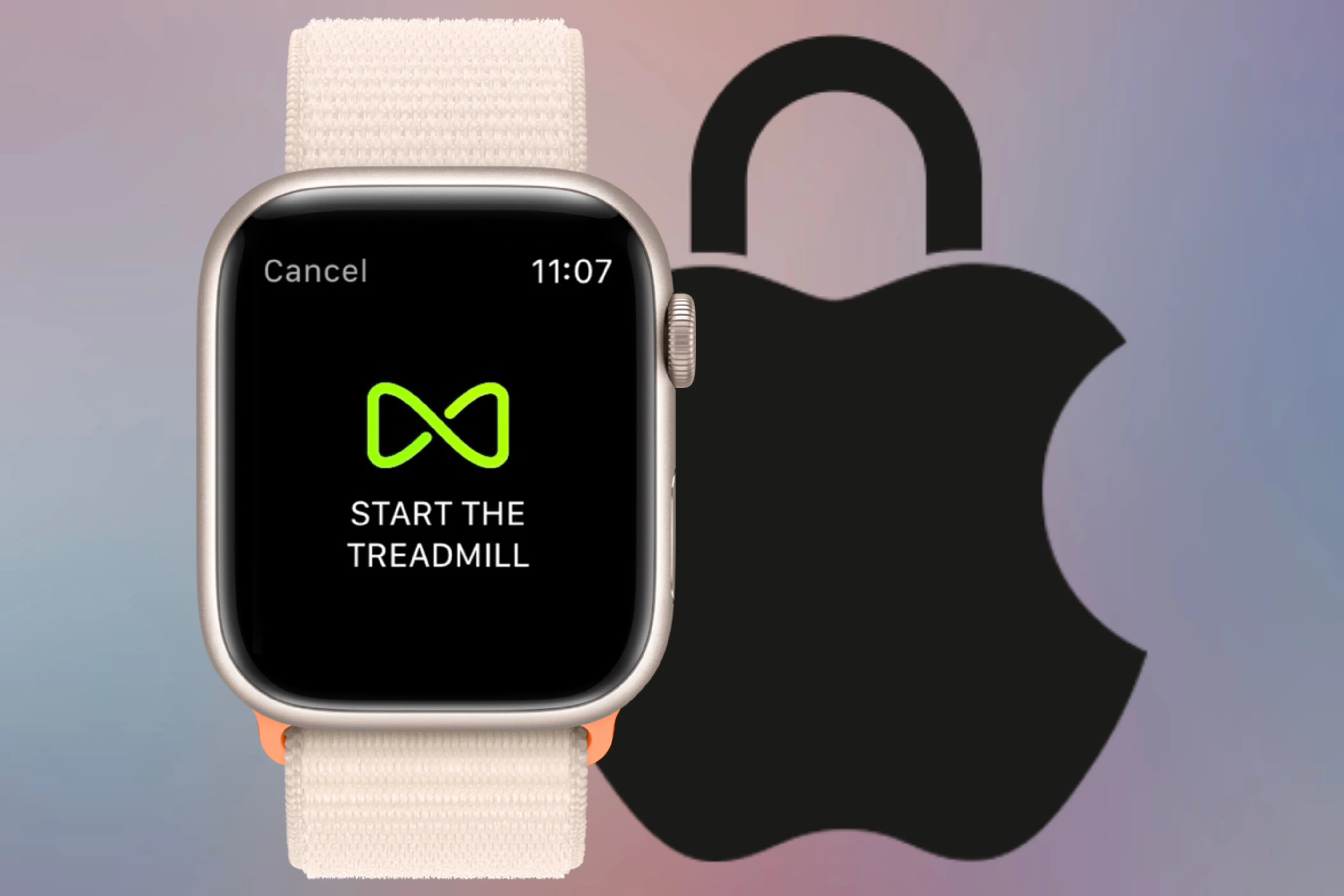 Biểu tượng GymKit trên Apple Watch, sẵn sàng bắt đầu bài tập trên máy chạy bộ, đảm bảo quyền riêng tư dữ liệu