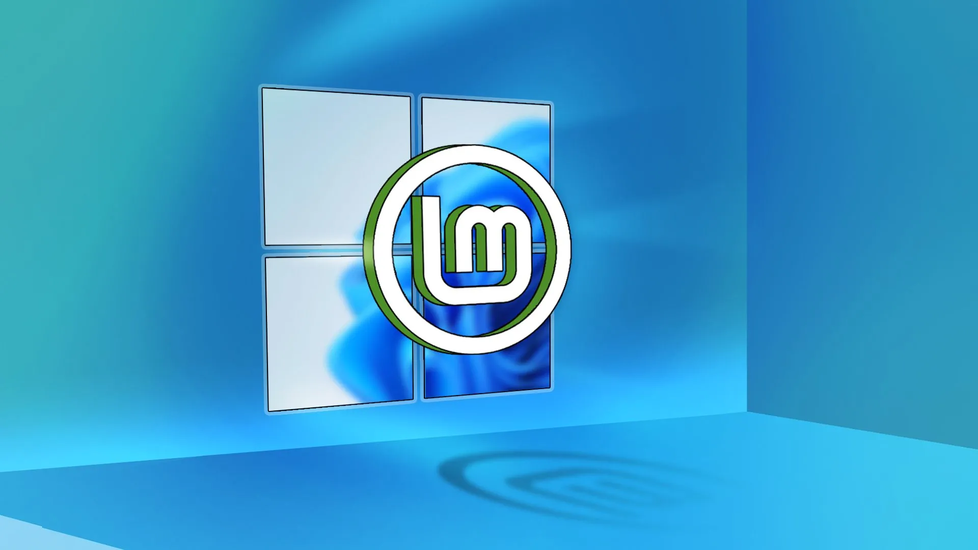 Biểu tượng Linux Mint đặt trước hình nền Windows 11, tượng trưng cho sự chuyển đổi từ Windows sang Linux.