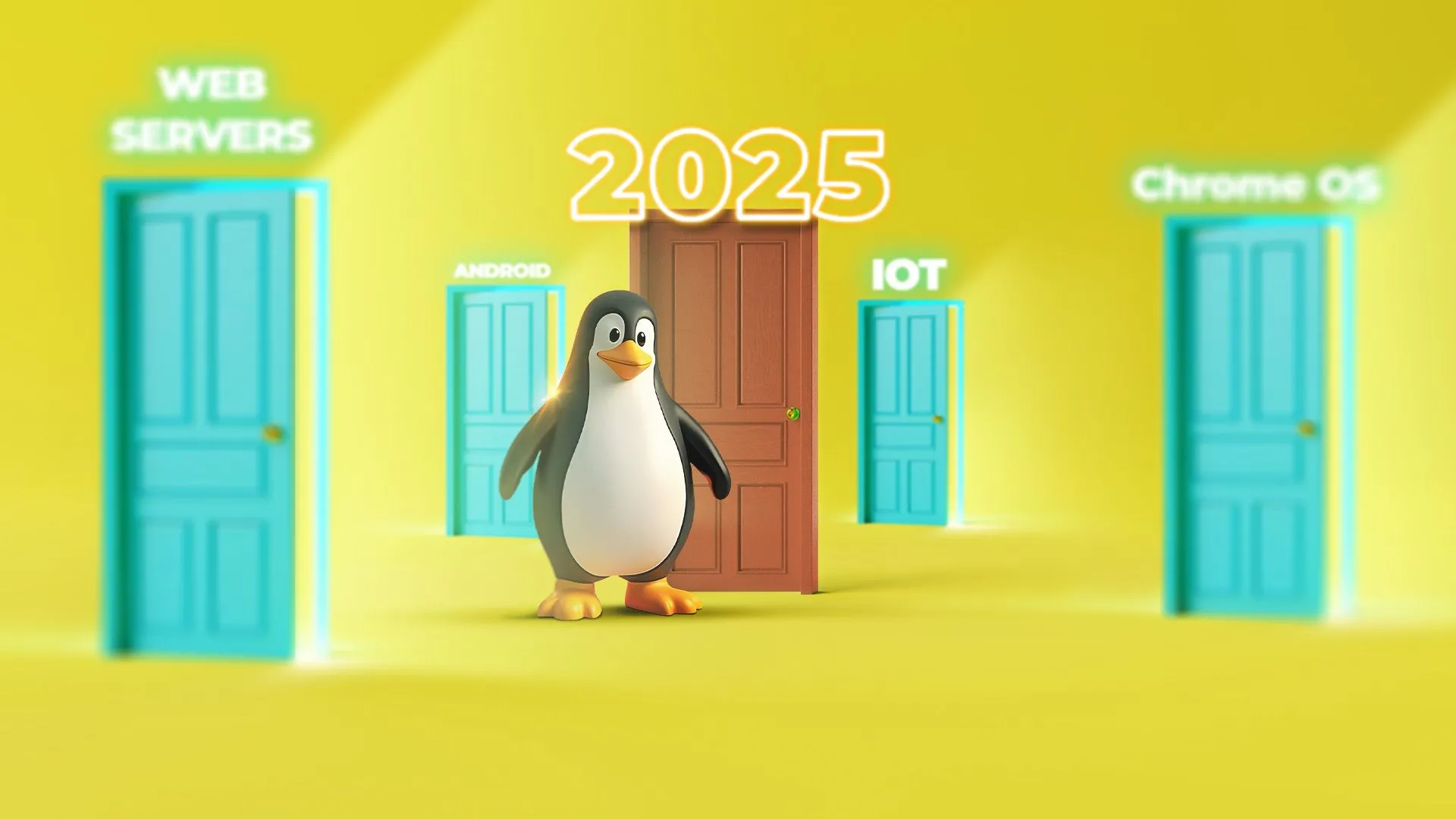 Biểu tượng Linux Tux giữa nhiều cánh cửa ẩn dụ, thể hiện những cơ hội và thách thức của Linux trên thị trường máy tính để bàn.
