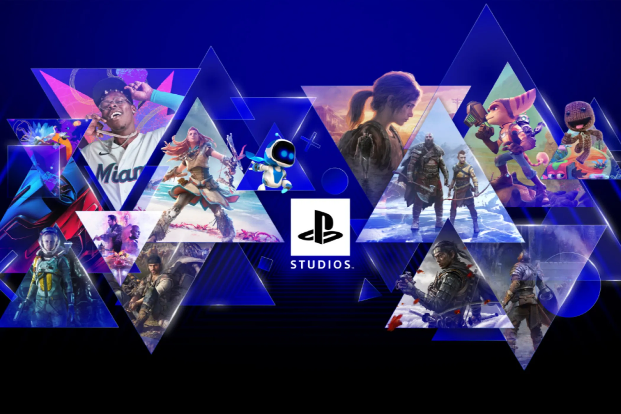 Biểu tượng PlayStation Studios cùng các thương hiệu game nổi tiếng của PlayStation