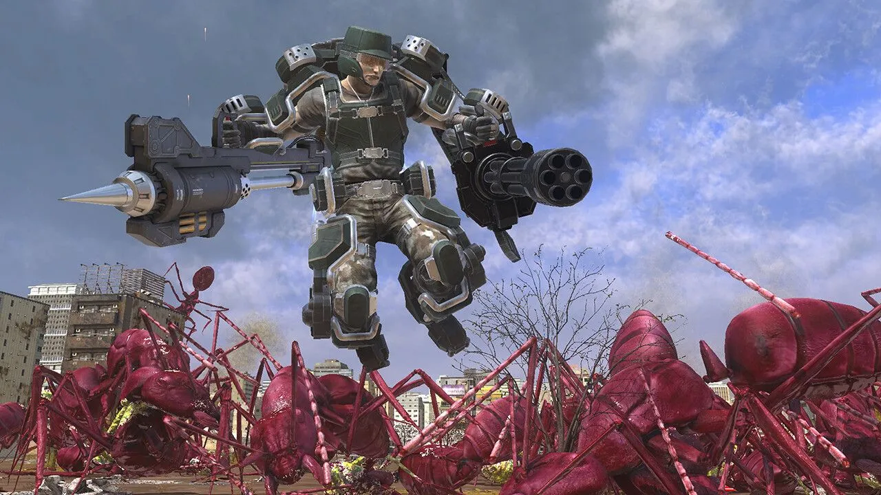 Binh lính chiến đấu với côn trùng khổng lồ trong game Earth Defense Force 6, một ví dụ điển hình của game AA có đồ họa và gameplay đặc trưng.