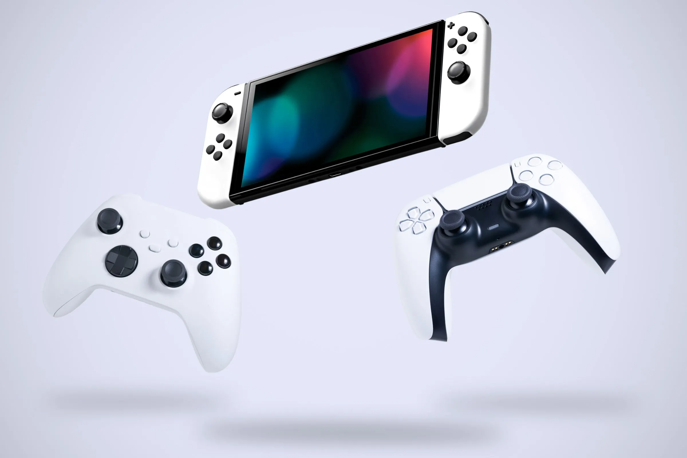 Bộ điều khiển console PlayStation, Xbox và máy chơi game Nintendo Switch biểu trưng cho sự thống trị thị trường game.