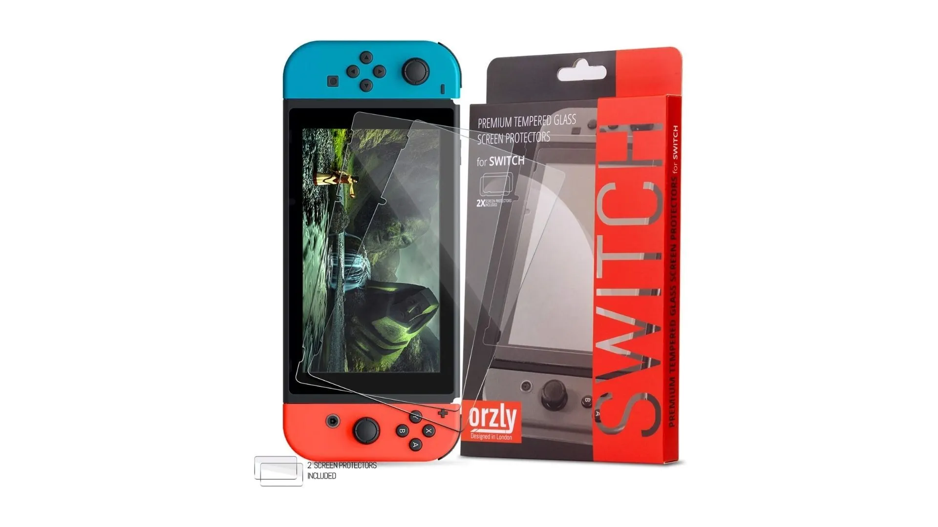 Bộ miếng dán bảo vệ màn hình kính Orzly dành cho Nintendo Switch, thiết yếu để chống trầy xước trong quá trình sử dụng.
