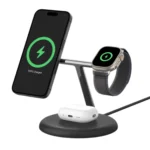 Bộ sạc Belkin BoostCharge Pro 3-in-1 màu trắng, tích hợp sạc không dây MagSafe Qi2 cho iPhone và các thiết bị Apple khác