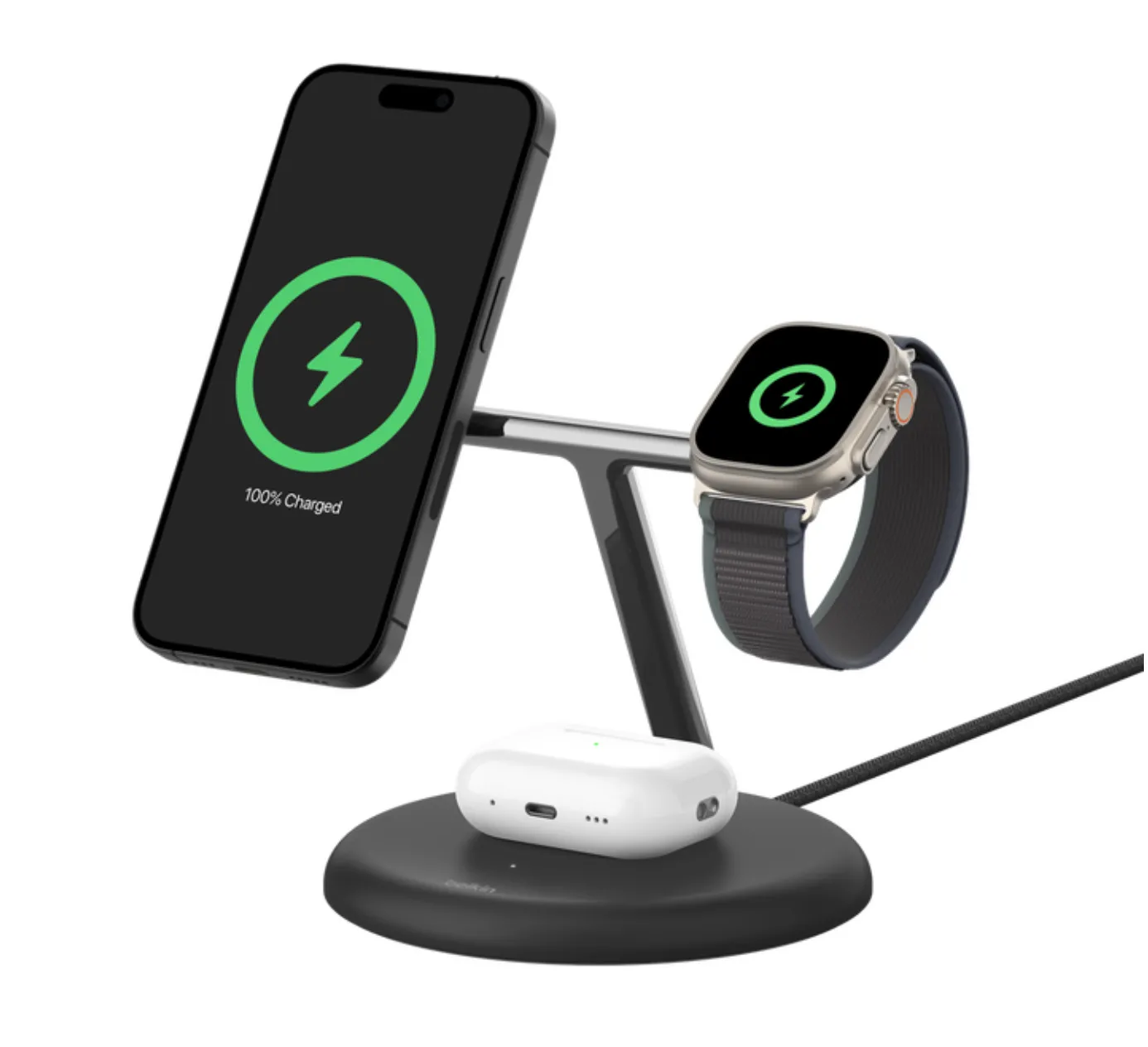 Bộ sạc Belkin BoostCharge Pro 3-in-1 màu trắng, tích hợp sạc không dây MagSafe Qi2 cho iPhone và các thiết bị Apple khác