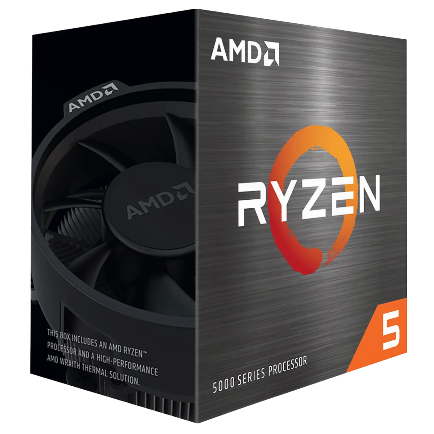 Bộ vi xử lý AMD Ryzen 5 5500 với tản nhiệt Wraith Stealth, đặt trên bề mặt màu đen.