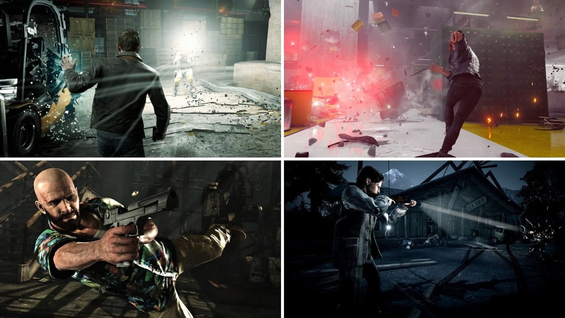 Bốn nhân vật chính từ các tựa game liên quan: Jack Joyce (Quantum Break), Jesse Faden (Control), Alan Wake (Alan Wake) và Max Payne (Max Payne).