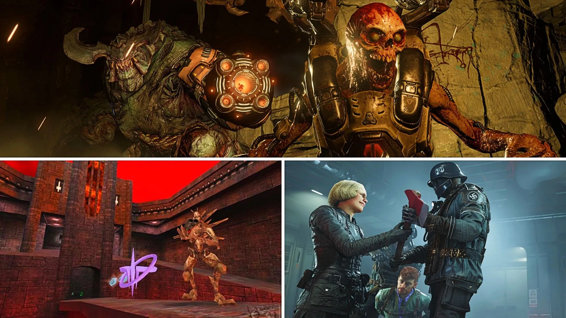 Các biểu tượng của id Software và Bethesda Softworks: một quái vật Doom, một kẻ thù từ Quake 3 Arena, và một chiến binh trong Wolfenstein II đang tấn công lính Quốc xã.
