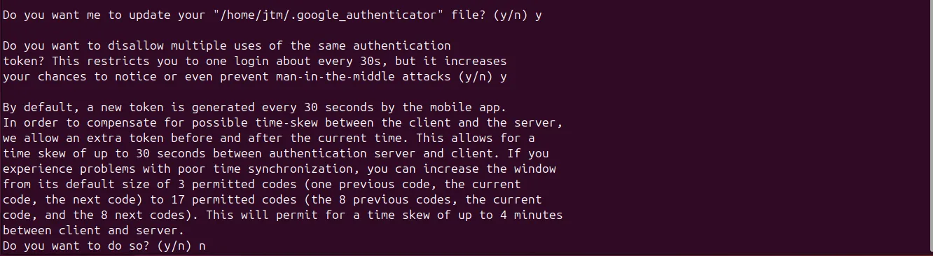 Các câu hỏi cấu hình cài đặt Google Authenticator hiển thị trên terminal Ubuntu
