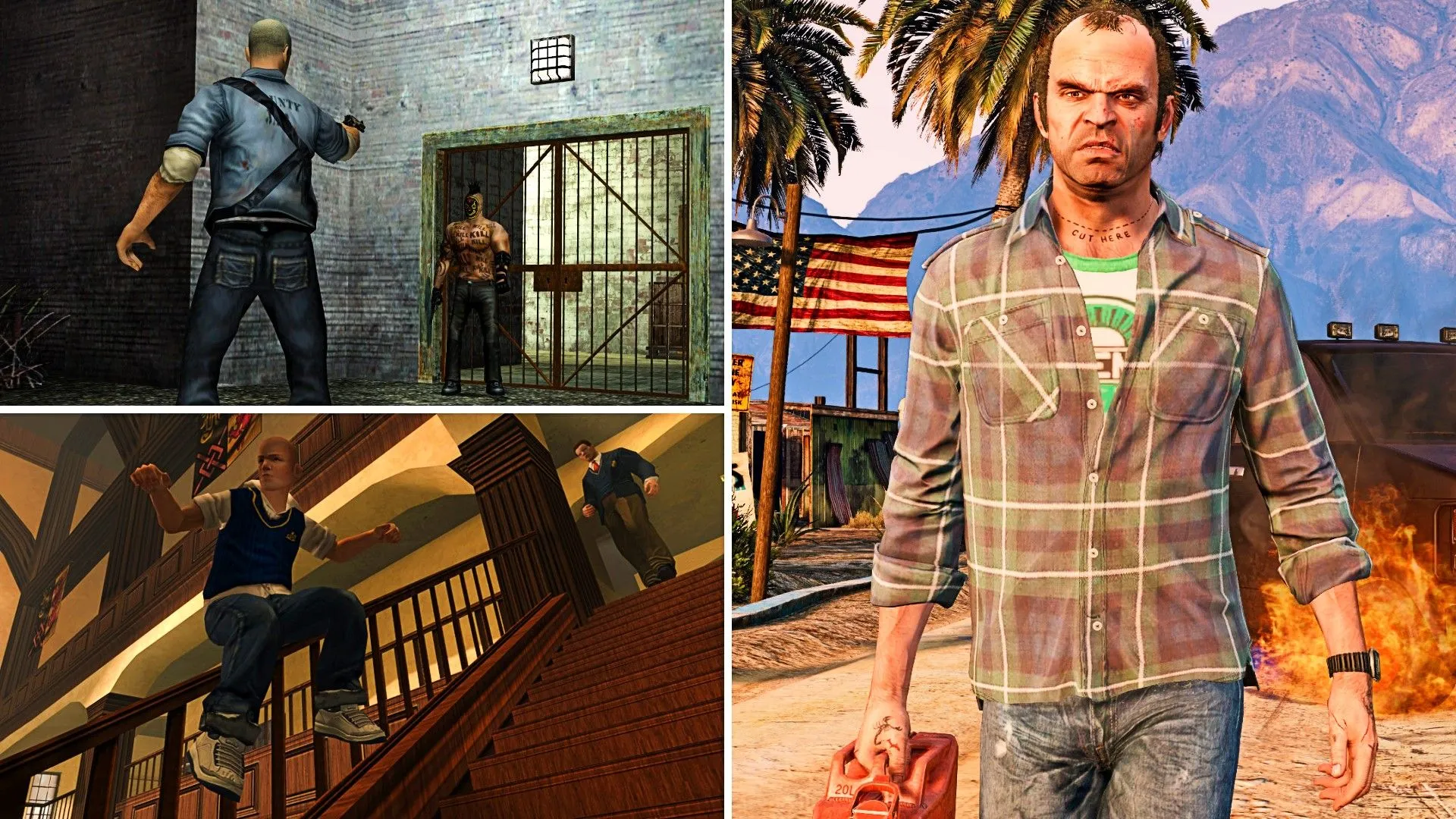 Các nhân vật tiêu biểu của Rockstar Games: Trevor từ Grand Theft Auto V, Jimmy từ Bully, và nhân vật chính từ Manhunt.