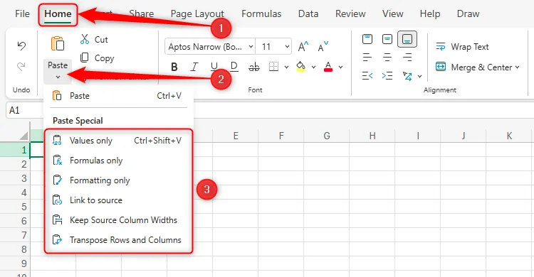 Các tùy chọn Paste Special (Dán Đặc biệt) trong Excel for the web, mang lại nhiều lựa chọn dán dữ liệu