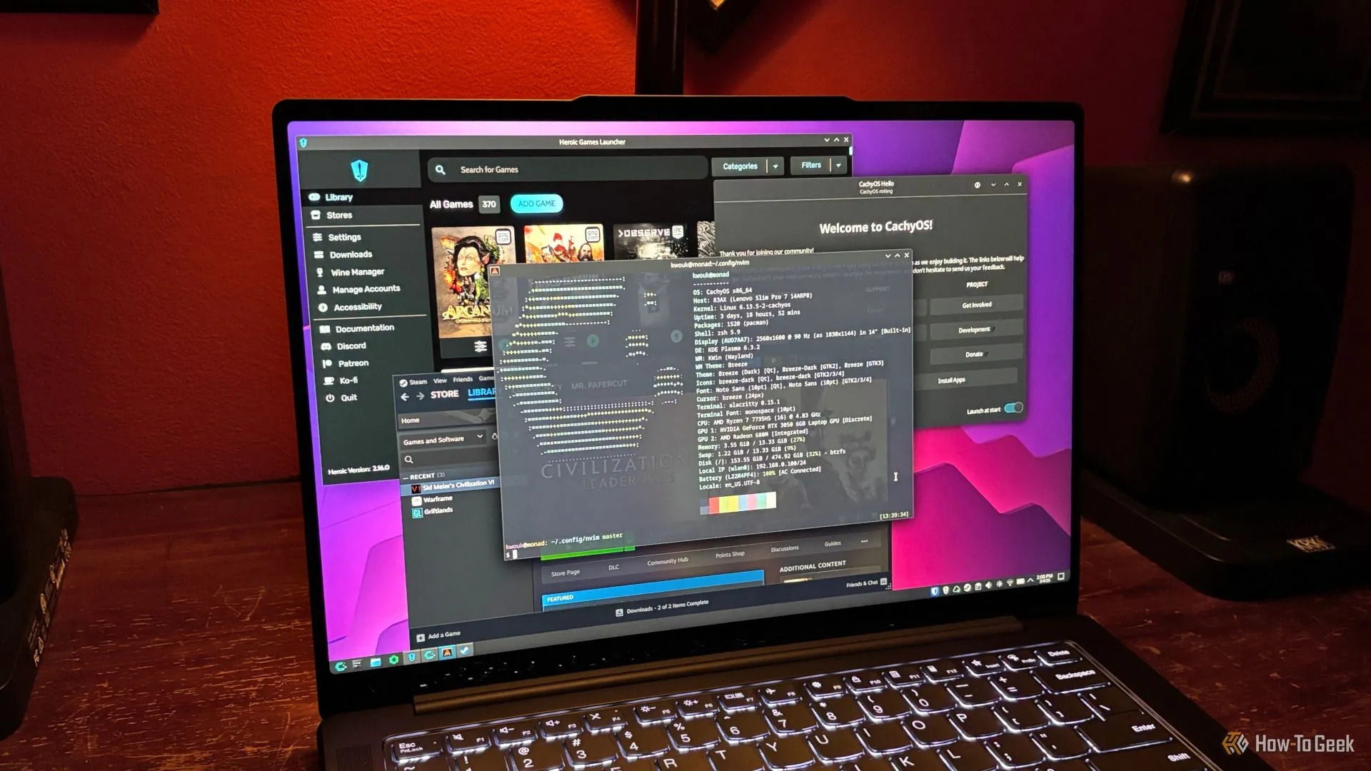 CachyOS đang chạy Steam, Heroic Games Launcher và ứng dụng CachyOS Hello