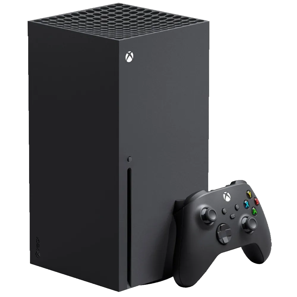 Cận cảnh máy chơi game Xbox Series X màu đen với logo phát sáng