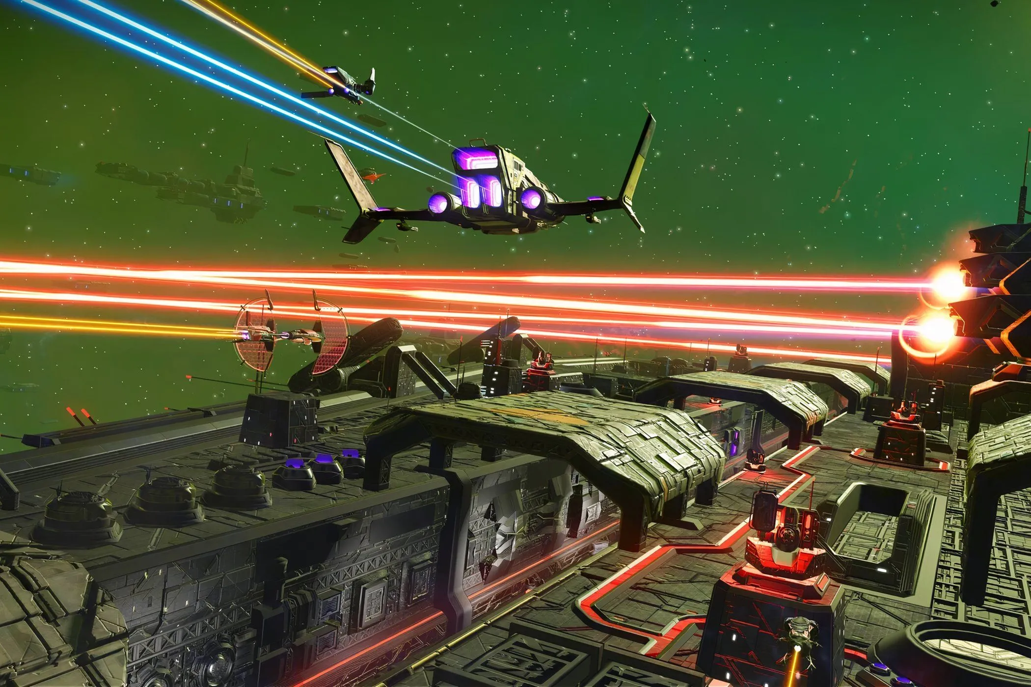 Cảnh chiến đấu kịch tính trong game No Man's Sky, một trong những tựa game được hỗ trợ tốt trên Linux qua Proton.