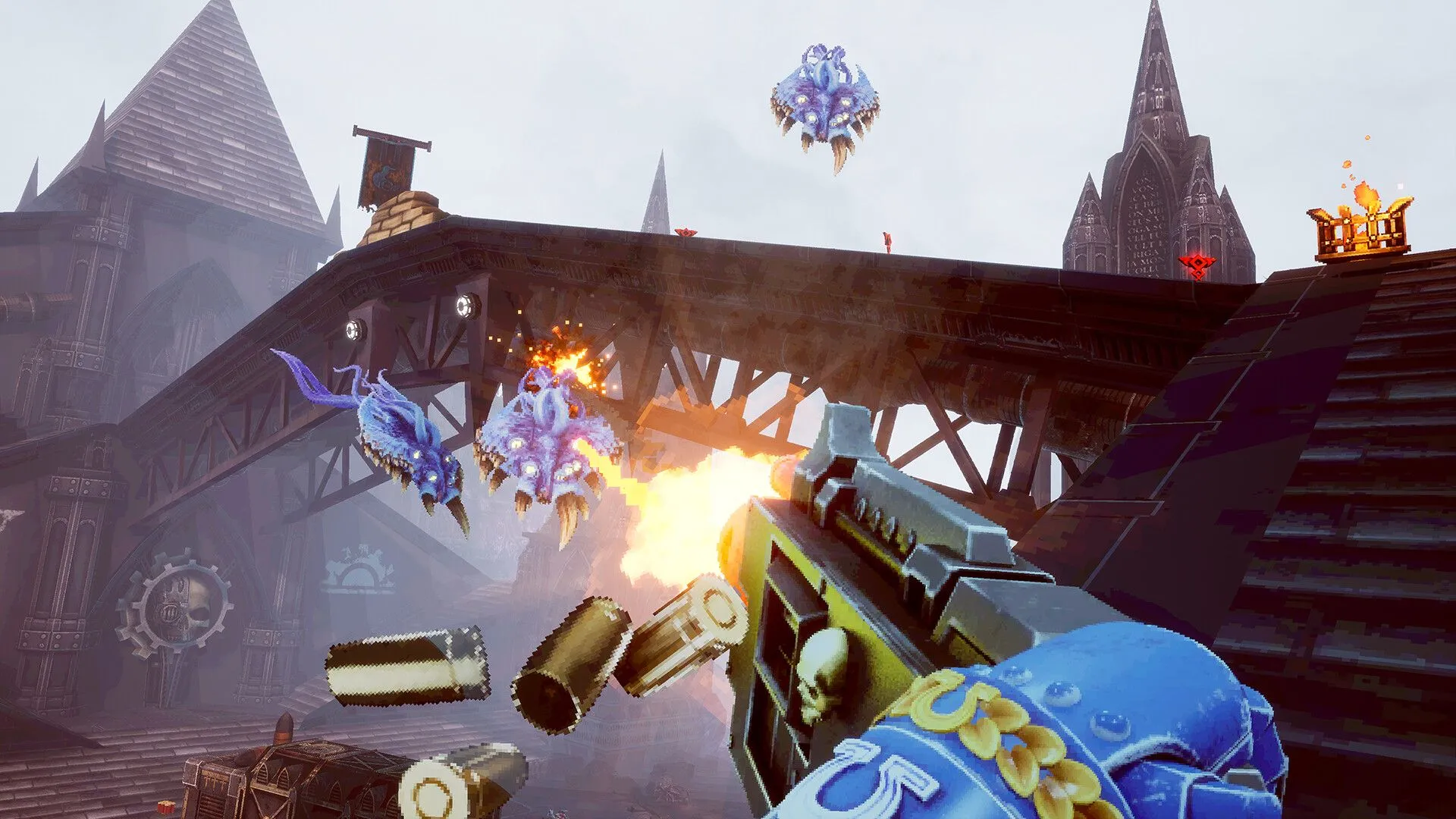 Cảnh chiến đấu từ game Warhammer 40,000: Boltgun với đồ họa retro.