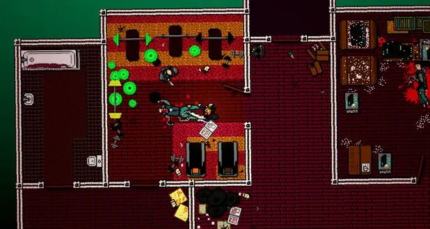 Cảnh hành động bạo lực góc nhìn từ trên xuống trong game Hotline Miami.