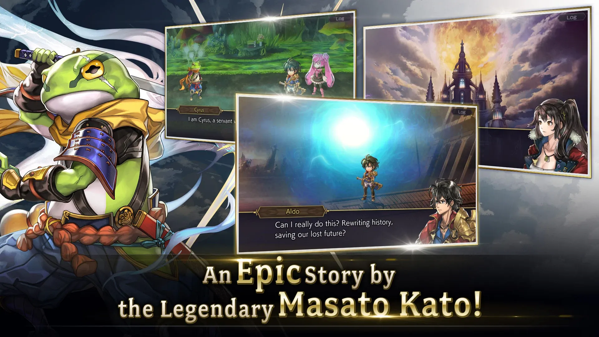 Cảnh quan tương lai trong Another Eden, thể hiện sự đa dạng về thời gian và không gian