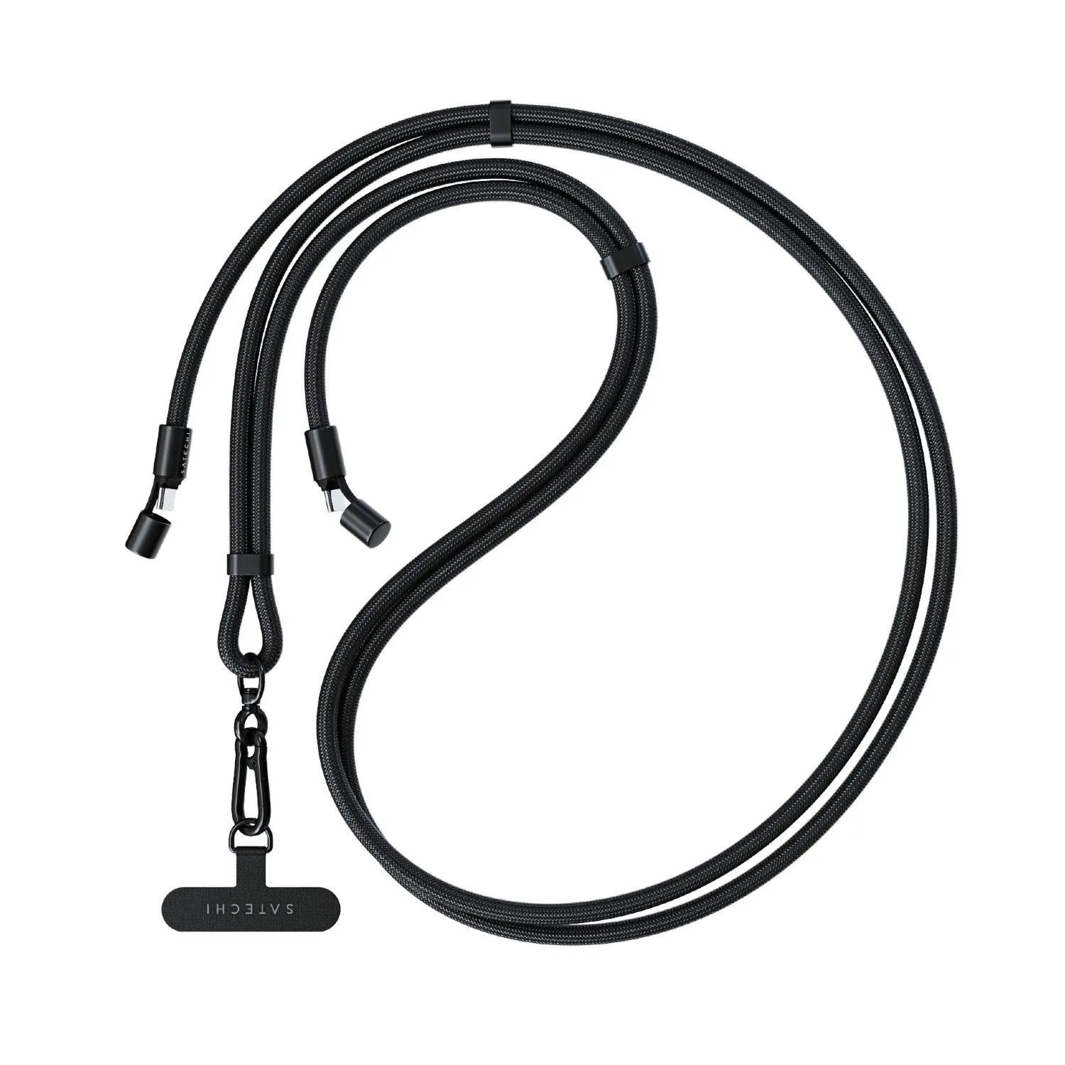 Cáp sạc Satechi OntheGo USB-C Lanyard màu đen trên nền trắng, khoe thiết kế dây đeo tích hợp cáp sạc