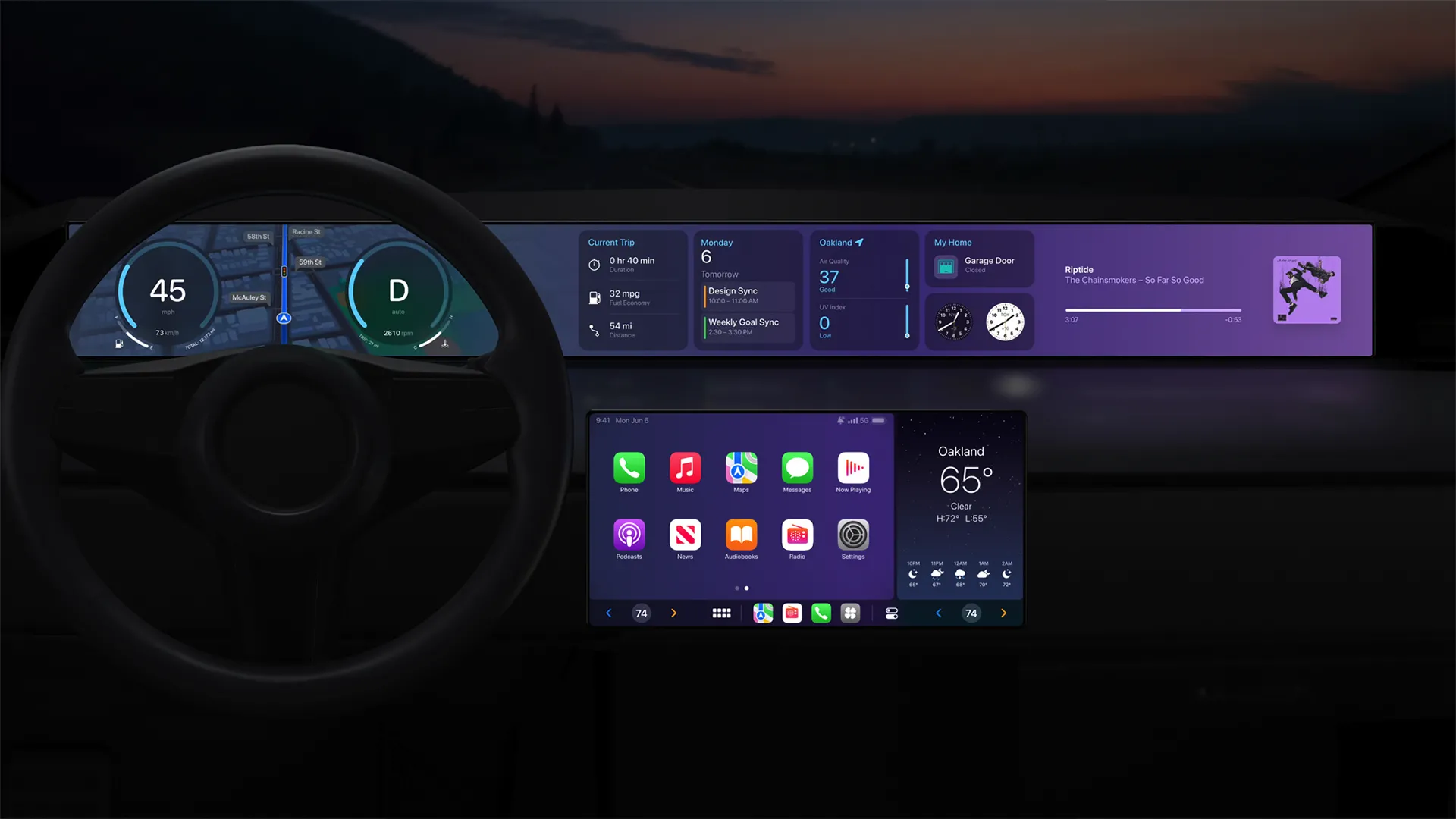 CarPlay thế hệ tiếp theo hiển thị trên màn hình giải trí và cụm đồng hồ kỹ thuật số của ô tô