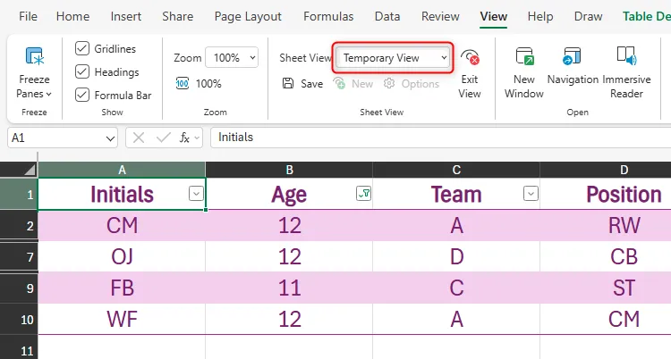 Chế độ xem trang tính mới trong Excel for the web với tên &quot;Temporary View&quot; đang hiển thị