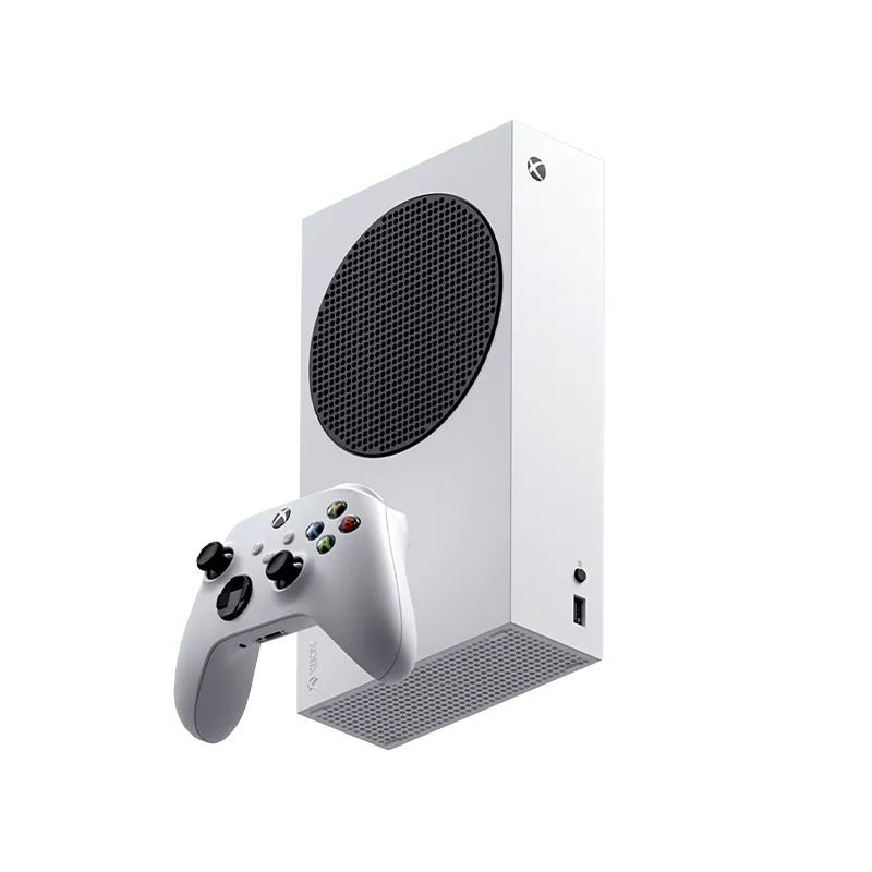Chi tiết máy chơi game Xbox Series S màu trắng và tay cầm, một thiết bị chuyên game kỹ thuật số.