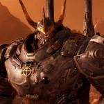 Chiến binh Atlan dùng khiên đỡ đòn trong game DOOM The Dark Ages
