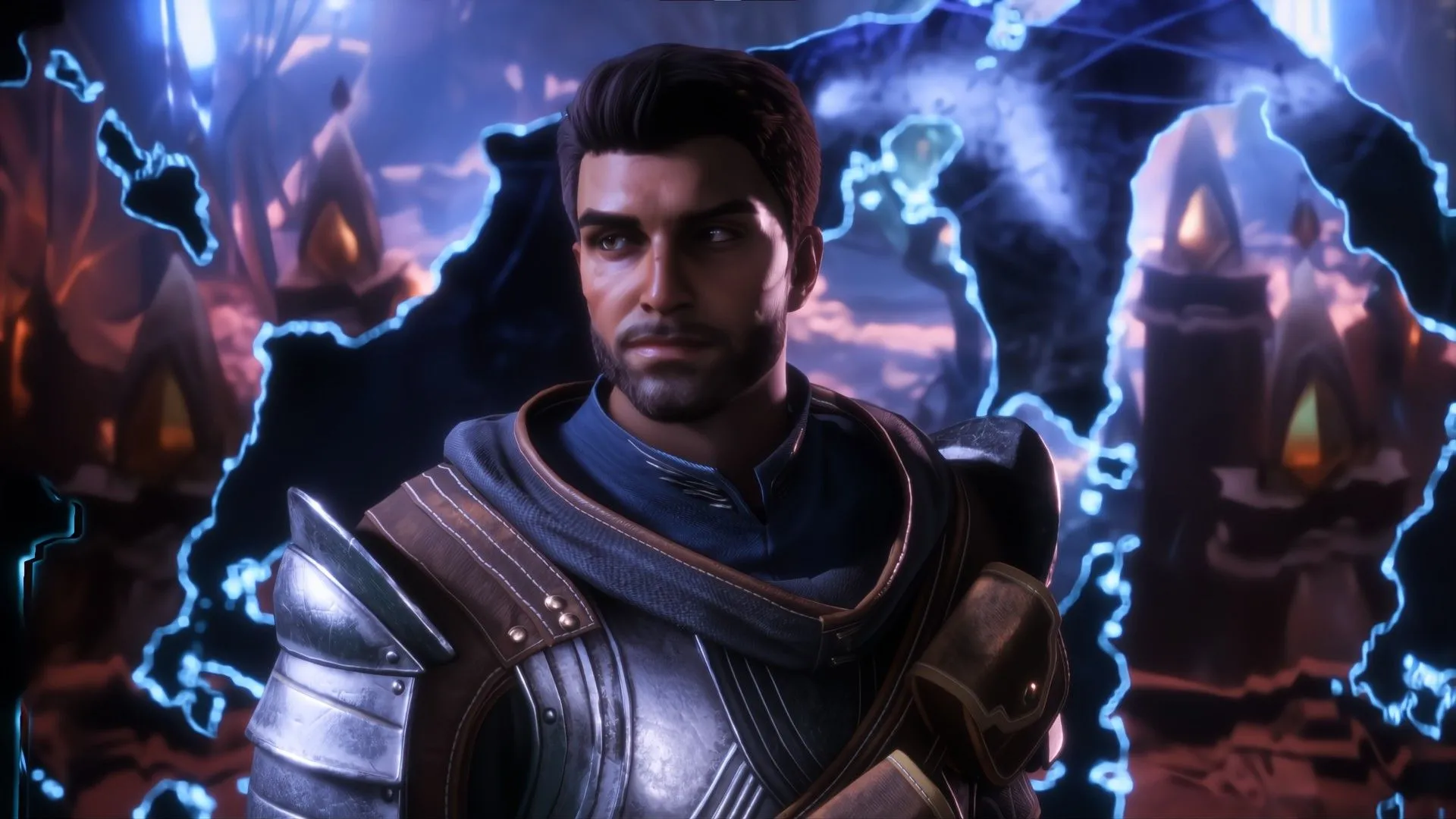 Chiến binh trong Dragon Age: The Veilguard đứng gần các vết nứt không gian, thể hiện bối cảnh giả tưởng của game.