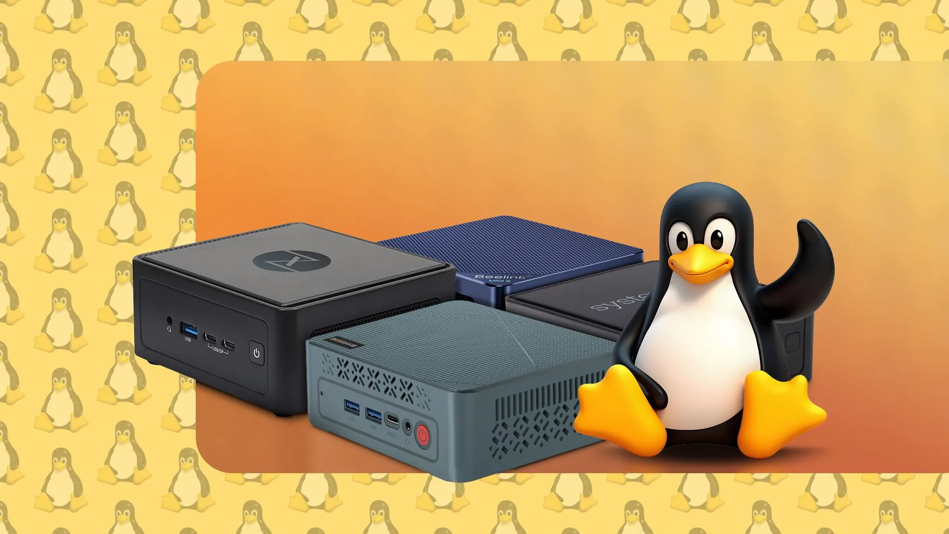 Chim cánh cụt Tux - biểu tượng Linux, cùng các mẫu Mini PC hiện đại, thể hiện sự kết hợp hoàn hảo.
