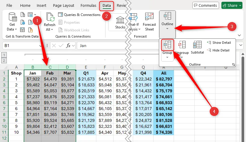 Chọn các cột B đến D trong Excel để tạo nhóm con Q1 và nút Group được tô sáng