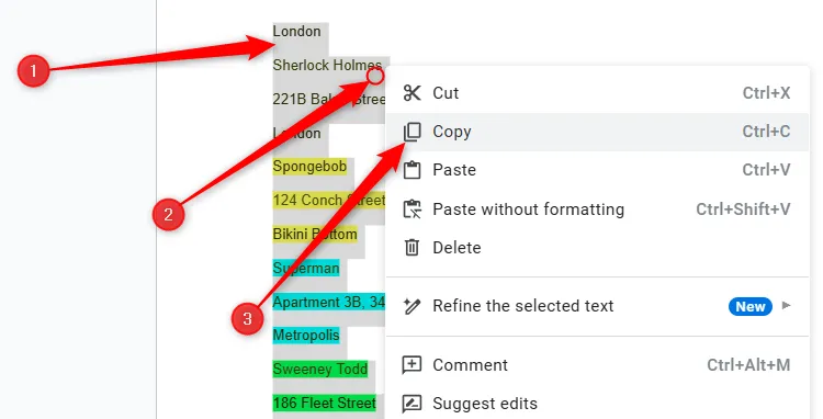 Chọn và sao chép văn bản đã trích xuất từ Google Docs để chuẩn bị dán vào Google Sheets.