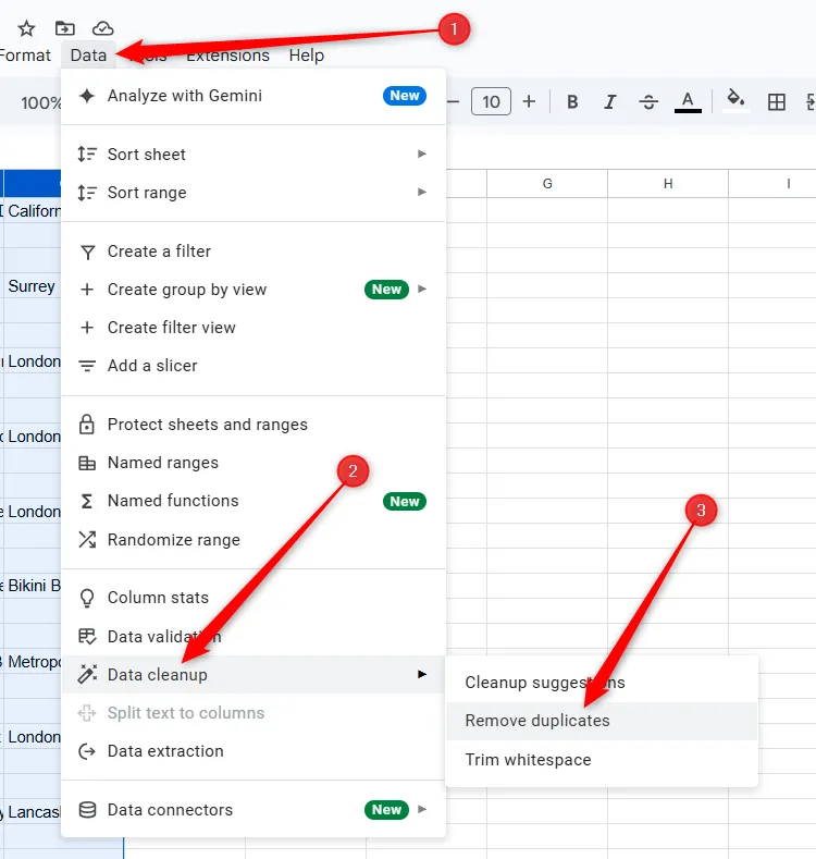 Chọn 'Xóa trùng lặp' (Remove Duplicates) từ tab Dữ liệu trong Google Sheets để loại bỏ hàng trống.