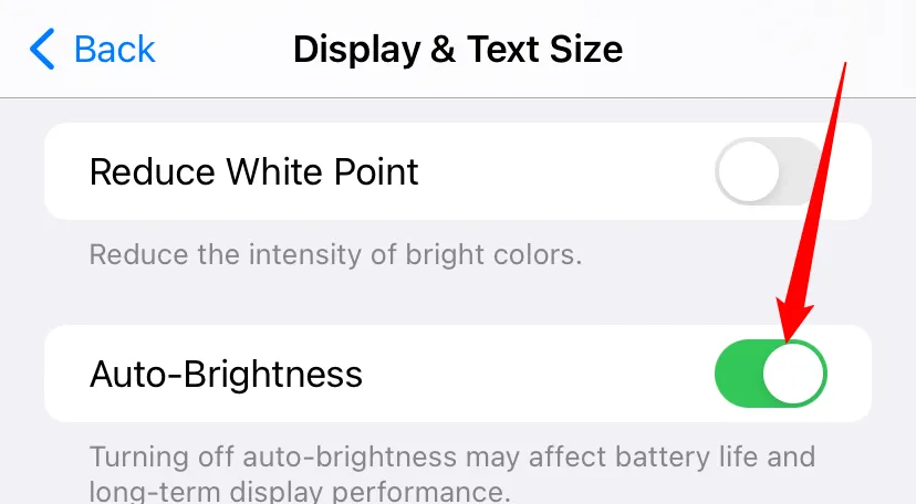 Công tắc tính năng Tự động điều chỉnh độ sáng (Auto-Brightness) trong cài đặt Màn hình &amp; Kích cỡ Chữ