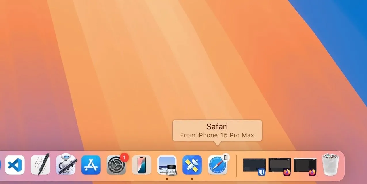 Cửa sổ gợi ý Handoff từ Safari trên iPhone xuất hiện trên màn hình MacBook, cho phép tiếp tục duyệt web liền mạch.